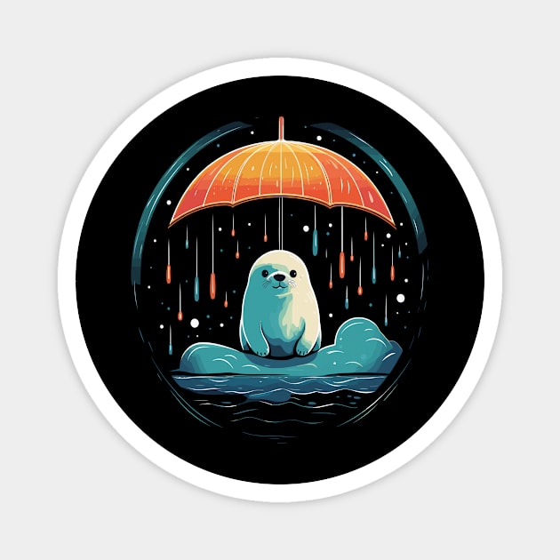 Harp Seal Rainy Day With Umbrella Magnet by JH Mart